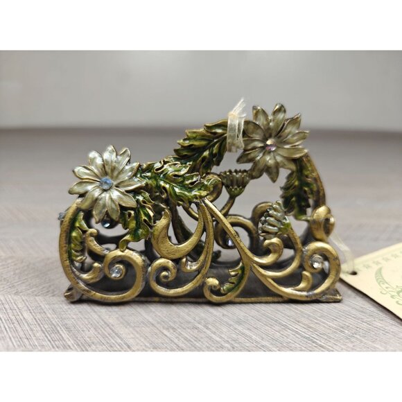 Collette Et Cie Metal Enamel Ornate Floral Business Card Holder Rhinestone New - Picture 3 of 7